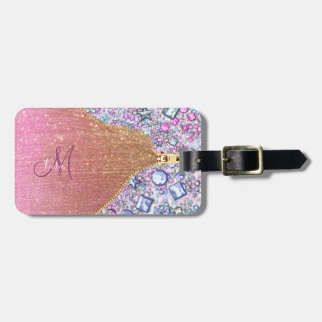 Personalized Girly Gold Glitter Monogrammed Rose Luggage Tag (Front Horizontal)