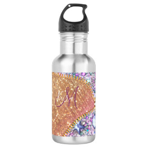Personalized Girly Gold Glitter Monogrammed Rose Stainless Steel Water Bottle