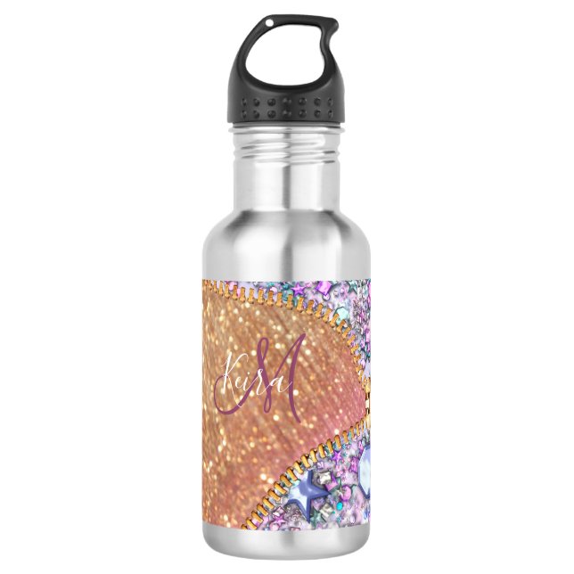 Personalized Girly Gold Glitter Monogrammed Rose Stainless Steel Water Bottle (Front)