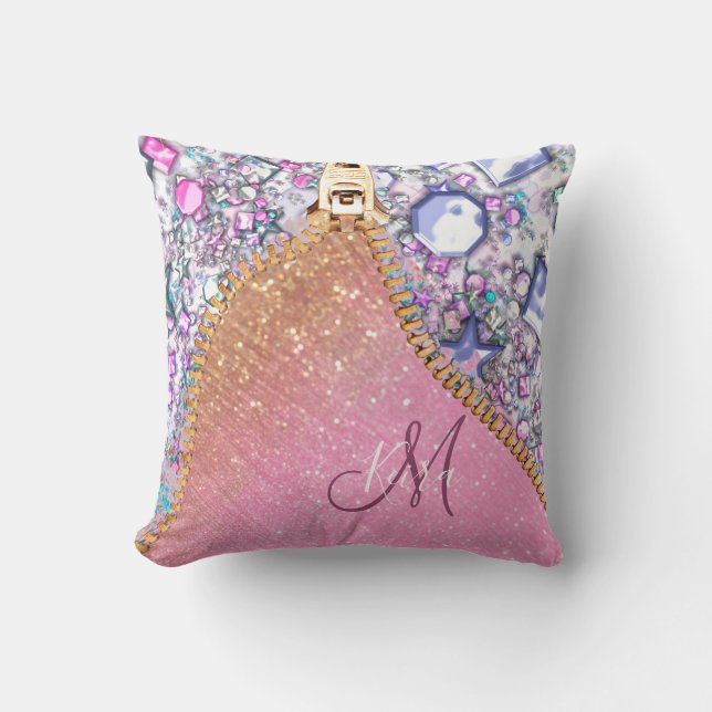 Personalized Girly Gold Glitter Monogrammed Rose Throw Pillow (Front)