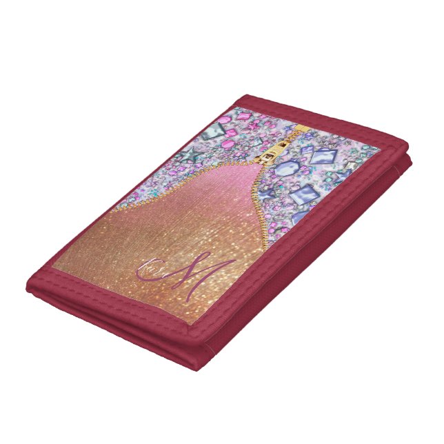 Personalized Girly Gold Glitter Monogrammed Rose Trifold Wallet (Bottom)