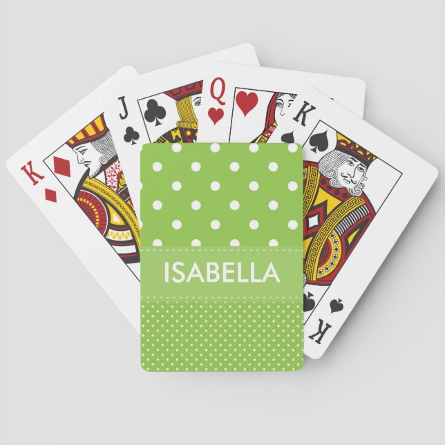 Personalized Girly Green White Polka Dots Poker Cards (Back)