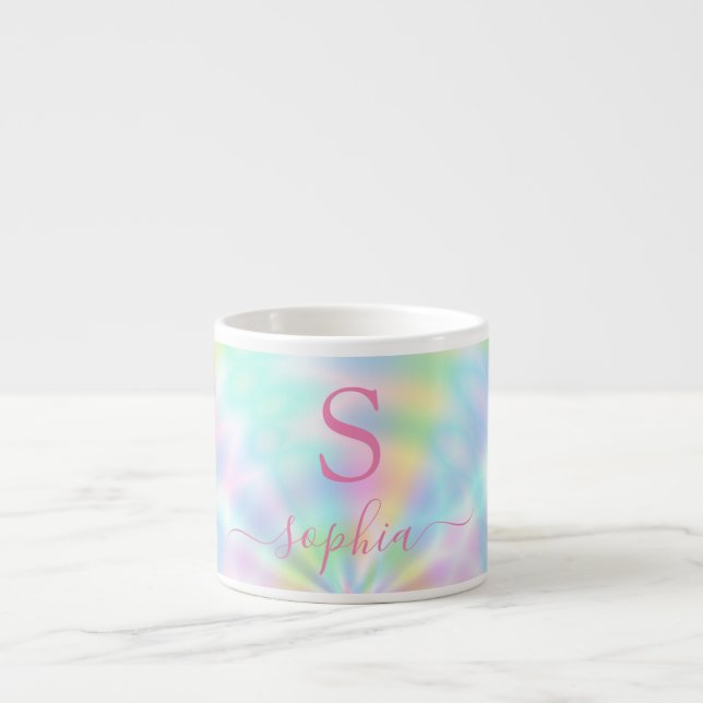 Personalized Girly Holographic Iridescent Rainbow Espresso Cup (Front)