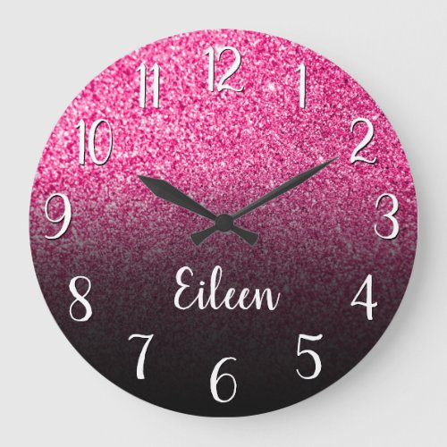 Personalized Girly Hot Pink Glitter Black Ombre Large Clock