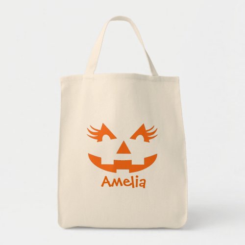 Personalized Girly Jack O Lantern Halloween Tote Bag