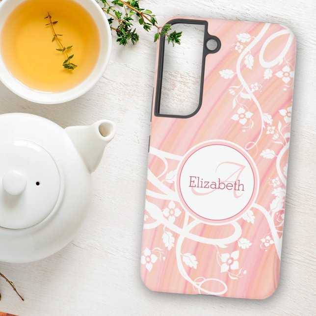 Personalized Girly Monogram Name Pink White Floral Samsung Galaxy Case (You won't mistake your phone for others with this monogram and name personalized pink spiral case. )