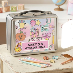 Personalized Girly Pastel ABC Icons Back to School Metal Lunch Box