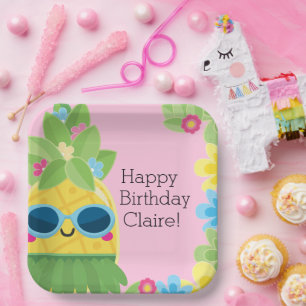 Personalized Girly Pineapple Tropical Birthday Paper Plates