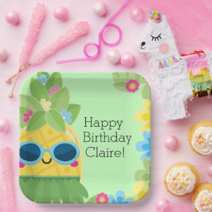 Personalized Girly Pineapple Tropical Birthday Paper Plates