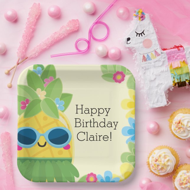 Personalized Girly Pineapple Tropical Birthday  Paper Plates (Party)