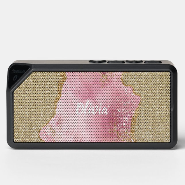 Personalized Girly Pink Agate w/Gold Glitter Bluetooth Speaker (Front)