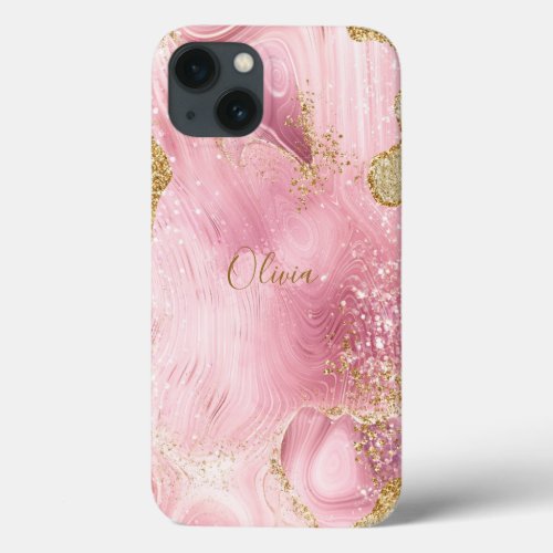 Personalized Girly Pink Agate wGold Glitter iPhone 13 Case