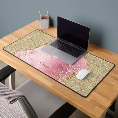 Personalized Girly Pink Agate wGold Glitter Desk Mat