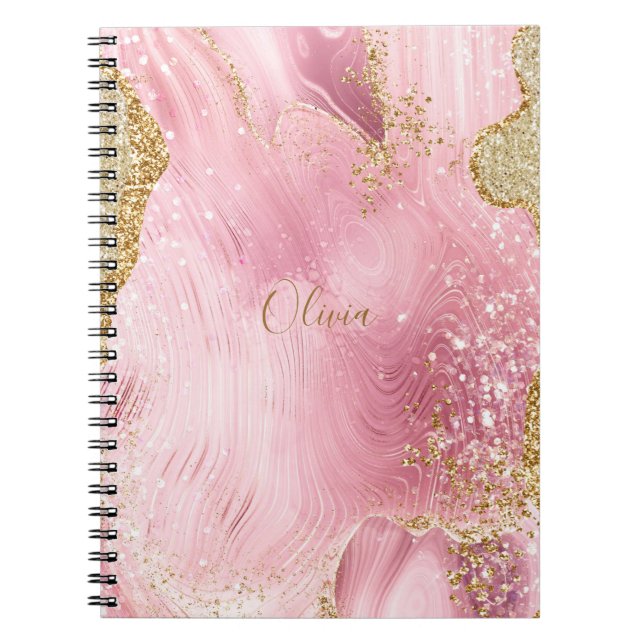 Personalized Girly Pink Agate w/Gold Glitter Notebook (Front)