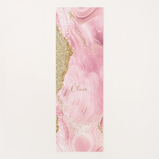 Personalized Girly Pink Agate w/Gold Glitter Yoga Mat (Front)