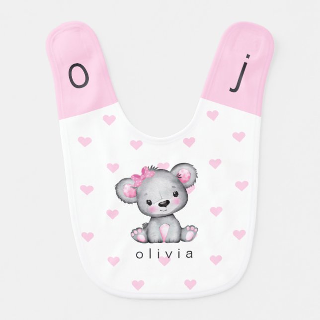 Personalized Girly Pink Bear Cub Hearts Monogram Baby Bib (Front)