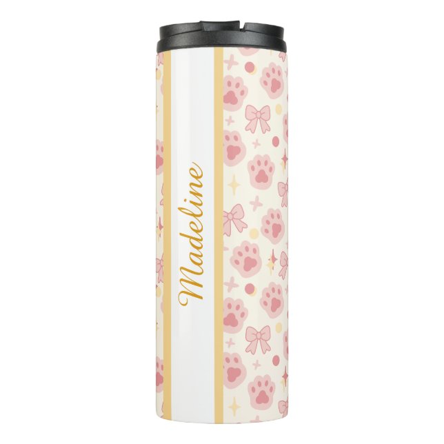Personalized Girly Pink Cat Paw Cute Bow Name Thermal Tumbler (Back)