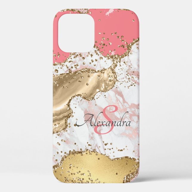 Personalized Girly Pink Glitter Agate Monogrammed Case-Mate iPhone Case (Back)