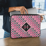 Personalized Girly Pink Glitter Geometric Pattern Laptop Sleeve<br><div class="desc">This personalized girly laptop sleeve features colorful geometric pattern (squares) in pink,  purple glitter,  black and white. Large monogram and name in pretty script font are framed at the center in matching shades.</div>
