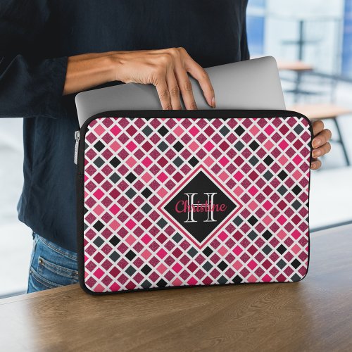 Personalized Girly Pink Glitter Geometric Pattern Laptop Sleeve