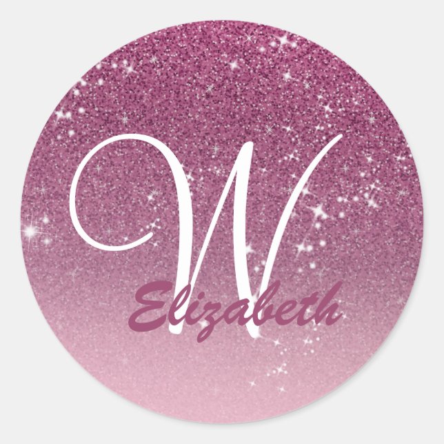 Personalized Girly Pink Glitter Sparkles Monogram Classic Round Sticker (Front)