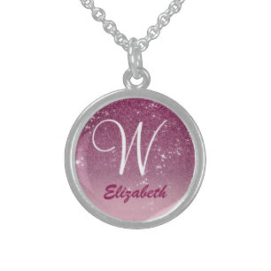 Personalized Girly Pink Glitter Sparkles Monogram Sterling Silver Necklace