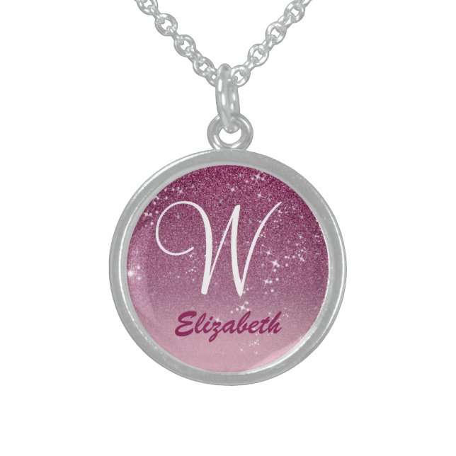 Personalized Girly Pink Glitter Sparkles Monogram Sterling Silver Necklace (Front)