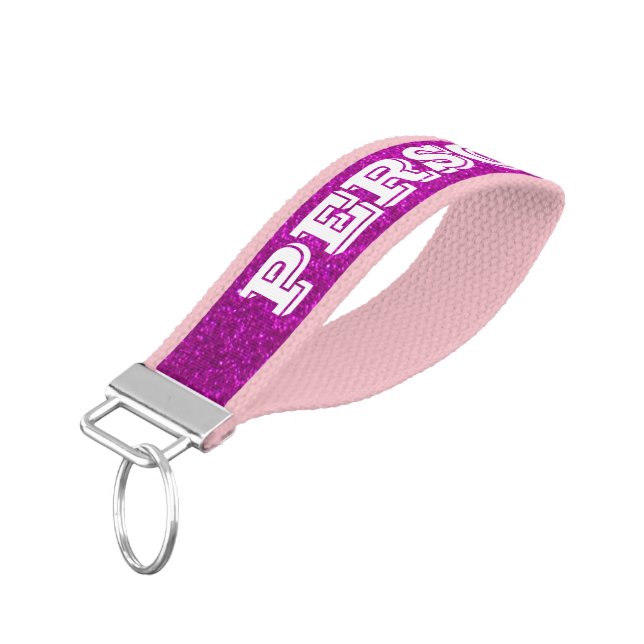 Personalized girly pink glitter wrist keychains (Angled Down)