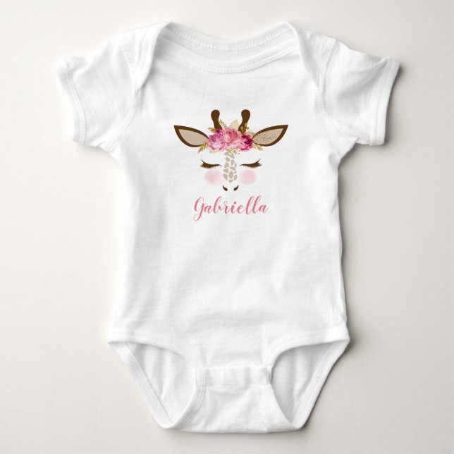 Personalized Girly Pink Gold Floral Giraffe Face Baby Bodysuit (Front)