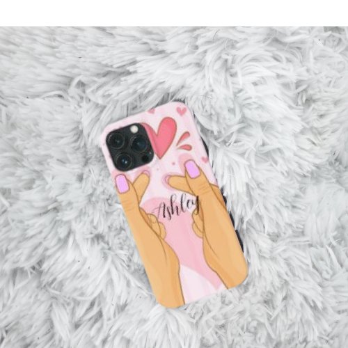 Personalized girly pink heart  hand gester iPhone 13 pro max case