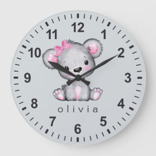 Personalized Girly Pink Teddy Bear Gray Large Clock