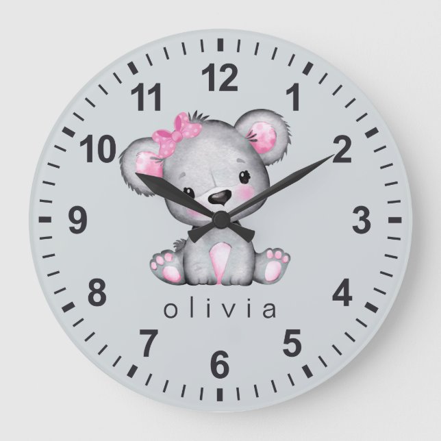 Personalized Girly Pink Teddy Bear Gray Large Clock (Front)