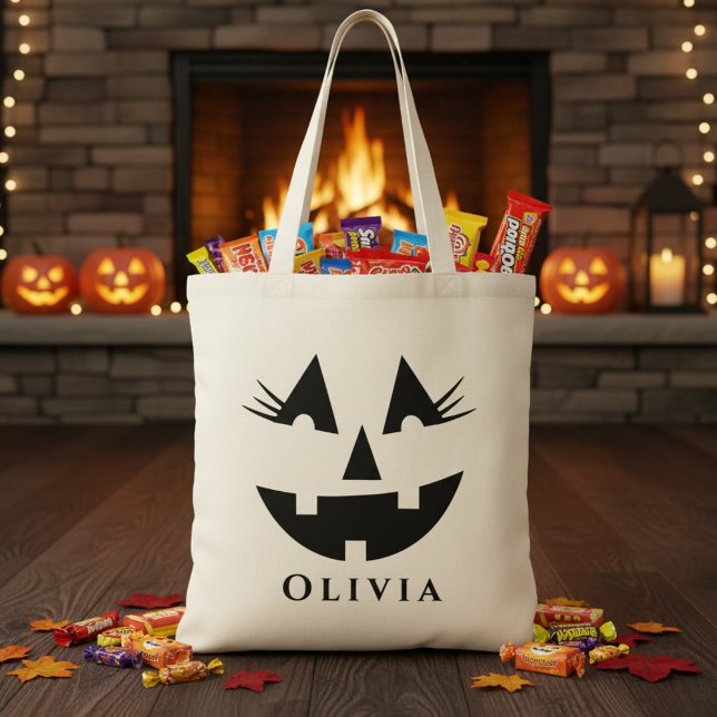 Personalized Girly Pumpkin Face Halloween Tote Bag (Personalized Girly Pumpkin Face Halloween Tote Bag - Just add your trick-or-treater's name!)