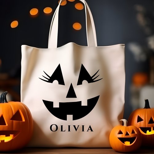Personalized Girly Pumpkin Face Halloween Tote Bag