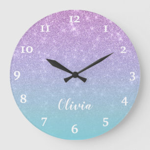 Personalized Girly Purple Blue Glitter Glam Ombre Large Clock