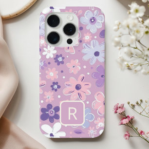 Personalized Girly Purple Flowers Pattern iPhone 15 Pro Case