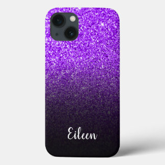 Personalized Girly Purple Glitter Black Ombre iPhone 13 Case