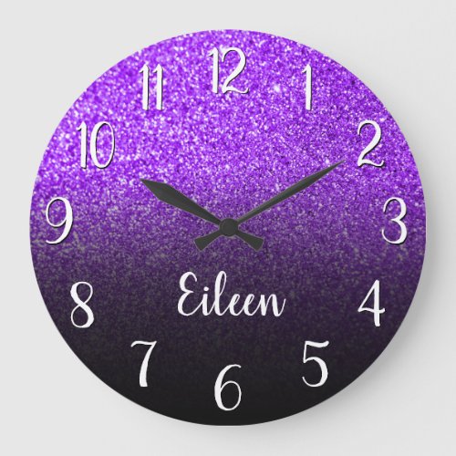 Personalized Girly Purple Glitter Black Ombre Large Clock