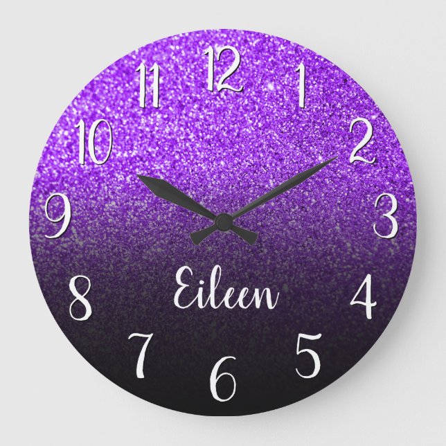 Personalized Girly Purple Glitter Black Ombre Large Clock (Front)