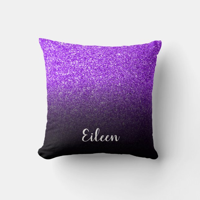 Personalized Girly Purple Glitter Black Ombre Throw Pillow (Front)