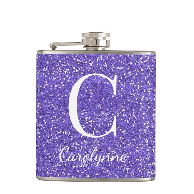 Personalized Girly Purple Sparkle Glitter Monogram Flask (Front)