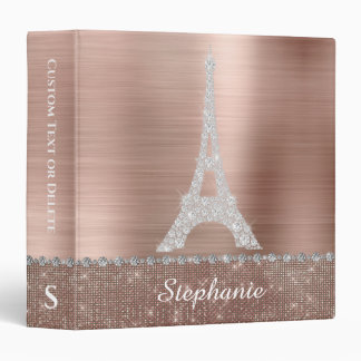 Personalized Girly Rose Gold Diamond Sparkle Paris 3 Ring Binder