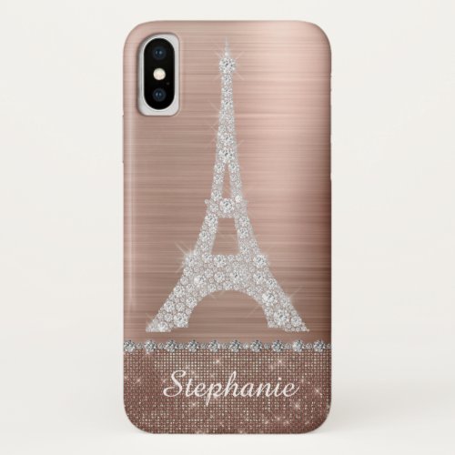 Personalized Girly Rose Gold Diamond Sparkle Paris iPhone X Case