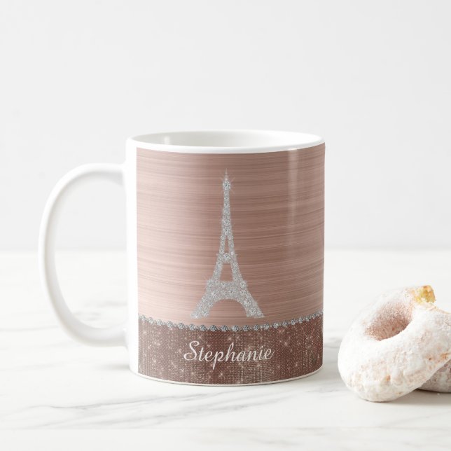 Personalized Girly Rose Gold Diamond Sparkle Paris Coffee Mug (With Donut)