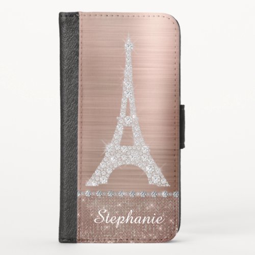 Personalized Girly Rose Gold Diamond Sparkle Paris iPhone X Wallet Case