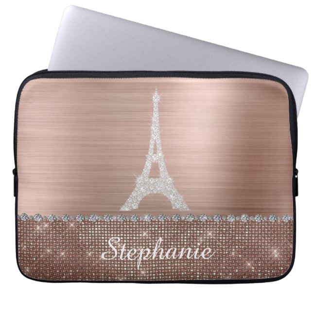Personalized Girly Rose Gold Diamond Sparkle Paris Laptop Sleeve (Front)