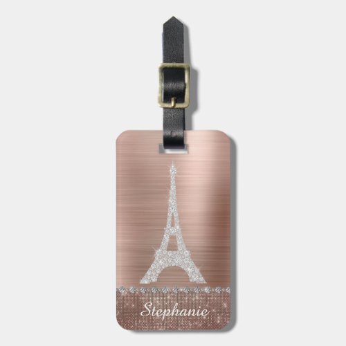 Personalized Girly Rose Gold Diamond Sparkle Paris Luggage Tag