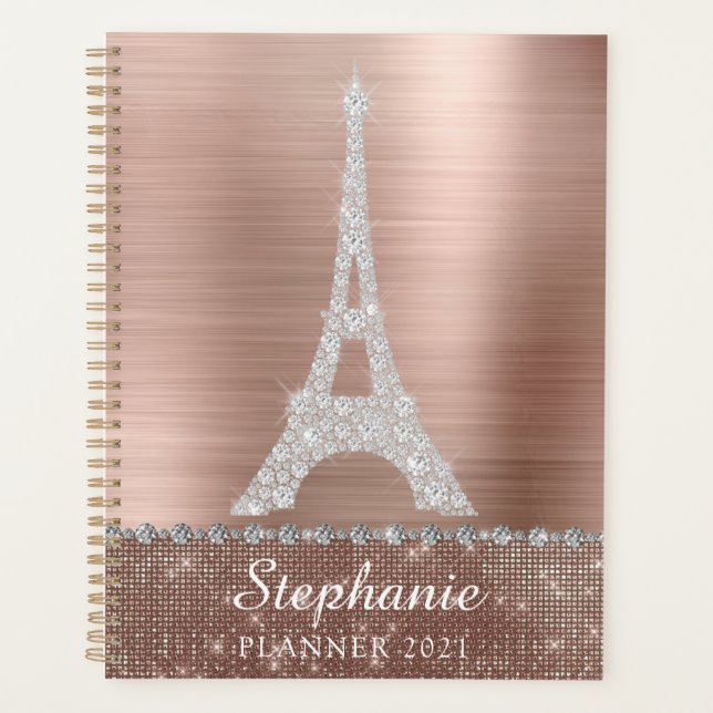 Personalized Girly Rose Gold Diamond Sparkle Paris Planner (Front)
