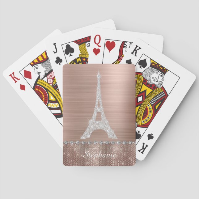 Personalized Girly Rose Gold Diamond Sparkle Paris Poker Cards (Back)