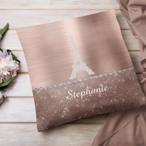 Personalized Girly Rose Gold Diamond Sparkle Paris Throw Pillow